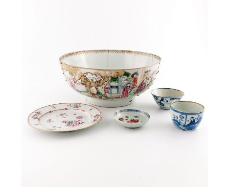 A large Chinese punch bowl, Qing Dynasty, Qianlong (1736-1795), famille rose decoration, the frieze with cartouche panels wit
