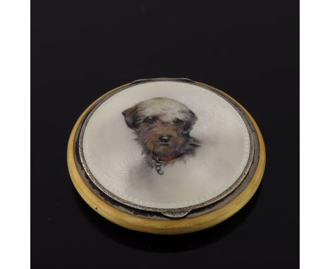 A George V silver and enamel circular powder compact, the cover with a portrait of a dog, the base yellow guilloche enamel, i