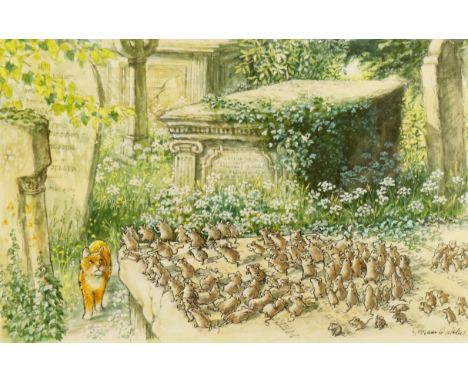 Graham Oakley (British, 1929), an original illustration, a cat and mice in a churchyard, an illustration for 'The Church Mice