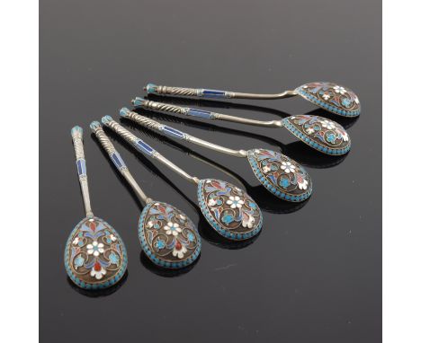 A set of six Russian silver gilt cloisonne enamel spoons, struck standard and workmaster marks, in a case, approximate weight