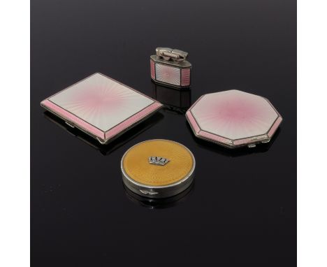 An Edward VII set of three enamel items in pink and white guilloche enamel, cigarette case, octagonal powder compact and ligh