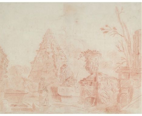 Hubert Robert (French, 1733-1808), Capriccio of Roman ruins with pyramid, urn, fountain, bas reliefs and figures, Romantic Sc