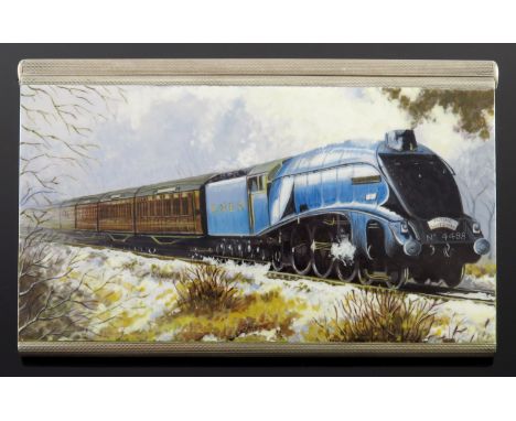 A George VI silver pocket cigarette case, engine turned, the cover enamelled with an image of a streamlined LNER locomotive n