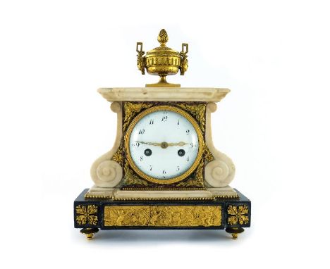 A 19th Century bracket clock, of Empire design in white, black and red veined marble, gilt metal urn finial, white convex ena