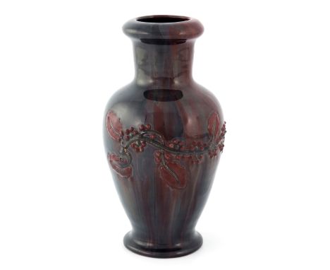 Edmund Harry Elton for Sunflower Pottery, an Elton Ware vase, shouldered form, relief moulded with leafy vine, green and red 