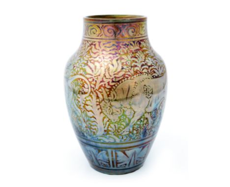 Richard Joyce for Pilkington, a Royal Lancastrian lustre vase, circa 1920, shouldered form, decorated with various bulls on a