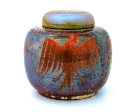 William S Mycock for Pilkington, a Royal Lancastrian lustre jar and cover, 1912, shouldered ovoid form, painted with heraldic