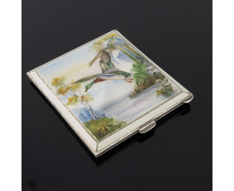 A George VI silver square powder compact, the cover enamelled with Mallard in flight, maker Henry Clifford Davis, Birmingham 