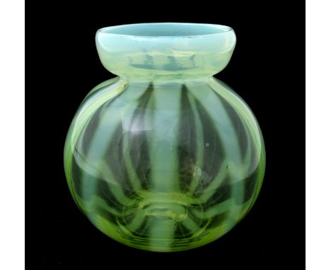 An Arts and Crafts straw opal glass, vase, probably Kempton, circa 1880, spherical form with everted rim, vertical stripes of