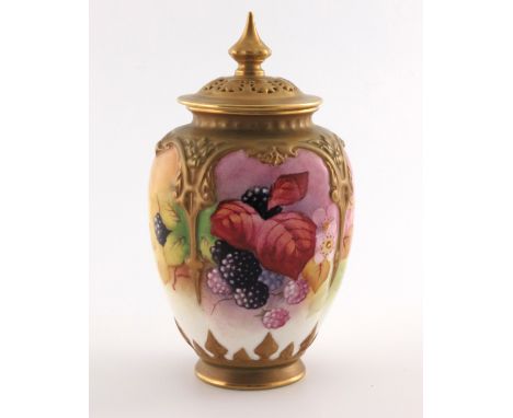 R Davis for Royal Worcester, a fruit painted pot pourri vase and cover, 1954, reticulated cover, signed, shape No.169, 16cm h