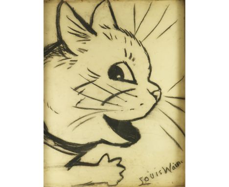 Louis William Wain (British, 1860-1939), grinning cat in profile, signed l.r., black chalk on paper, 73 by 53cm, framed