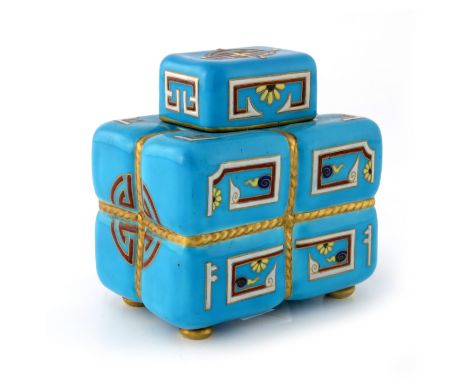 Christopher Dresser for Minton, an Aesthetic Movement tea caddy, circa 1870, cuboid form, modelled as a Chinese rope bound te