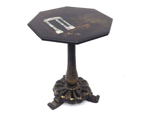 An early 19th century gilt Japanned lacquer tilt top pedestal occasional table, circa 1830s, the octagonal top inlaid with ab