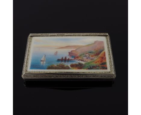 A mid Victorian silver gilt snuff box, the cover painted with a Continental harbour scene with sailing vessels, gilt interior