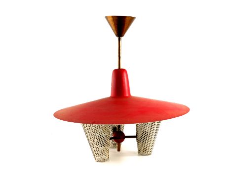 A Mid Century Modernist pendant light, circa 1950s, the orange painted domed disc above three pierced mesh conical tubes, 54c