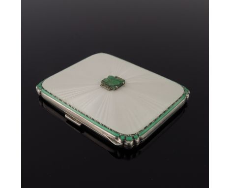 A George V Art Deco silver cigarette case, sunburst design champagne guilloche enamel cover with central jade type and marcas