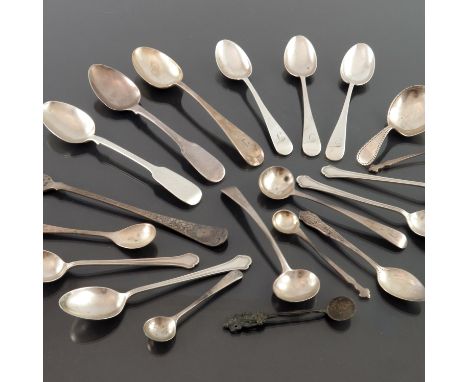 A collection of George III and later silver teaspoons, condiment spoons, caddy spoon and pickle fork, Fiddle and other patter