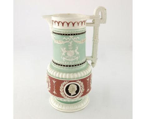 T Sheffield for Sandbach and Co., a relief moulded Earl of Derby jug, 1870, cylindrical baluster form, modelled with portrait