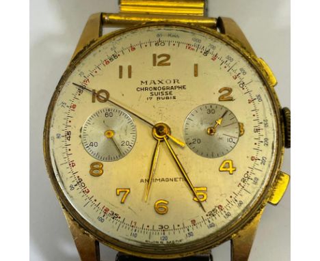 An Maxor Chronographe Suisse aviators watch, in as found condition. Silvered dial with Arabic umerals and two subsidiary dial