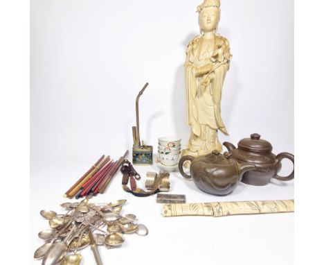 A Collection of 20th century Oriental items to include a large Blanc de Chine porcelain figure of a lady with a seal mark to 