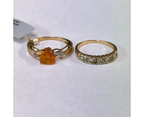 A 9ct yellow gold diamond set half hoop ring. Size S. Along with a fire opal and diamond ring - please note the fire opal is 