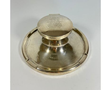 Large Sterling Silver lidded capstan Inkwell with glass insert with inscription for the 1st Life Guards This capstan style in