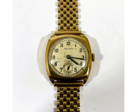 9ct yellow gold Prestex manual wind wristwatch on a 9ct gold strap.&nbsp; Total weight approximately 37.7 grams.&nbsp; Runnin