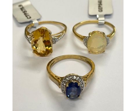 3 9ct Yellow Gold Rings Including A Nuagaon Kyanite & Diamond Ring, An Ethiopian Opal & Diamond Ring and An Diamantina Citrin