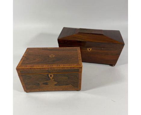 A 19th century rosewood tea caddy with cross banded decorations. Together with a 19th century rosewood sarcophagus tea caddy.