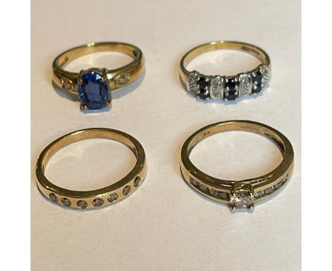 Collection of four 9ct yellow gold diamond and gem set rings. To include a sapphire and diamond ring; a kyanite and diamond s