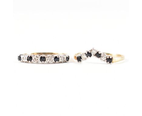 Two 9ct yellow gold, white stone &amp; sapphire rings. The first ring having five round cut sapphires alternated by round cut