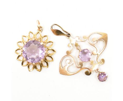 Two 9ct gold pendants. An Art Nouveau necklace pendant.&nbsp; The pendent strung with round mixed cut amethyst set amongst sc