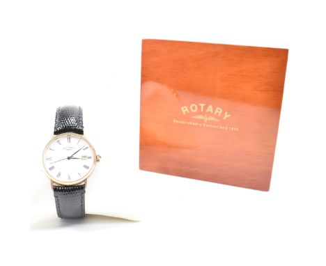 A 9ct gold Rotary wrist watch. The watch having a white dial with stick hands and roman numeral indices. Hallmarked London. T