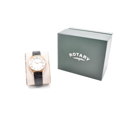 A Rotary stainless steel rose pvd wrist watch. The watch having a white dial having rose gold pvd numerals and hands. Date wi