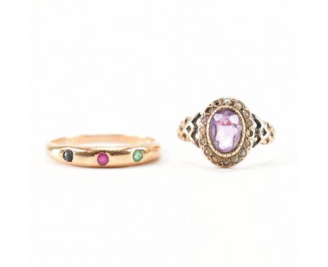 Two vintage gold rings. The lot to include an amethyst ring having a halo of seed pearls on pierced shoulders (size N) and a 