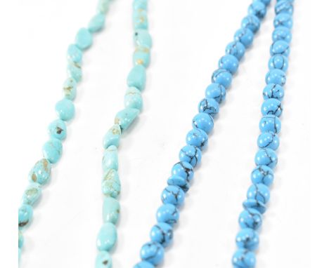 Two vintage turquoise &amp; silver rosary style necklaces. The first necklace having black veined blue beads to simulate turq