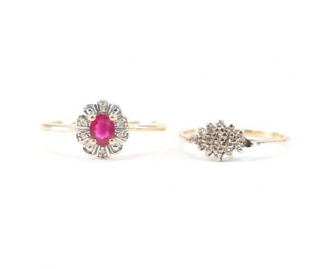 Two vintage gold rings. The lot to include a ruby and diamond halo ring together with a diamond cluster ring. The ring being 