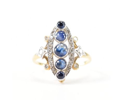 A 1930s Art Deco panel ring. The ring having a oval head with with round sapphire cabochons within a halo of diamonds and fur