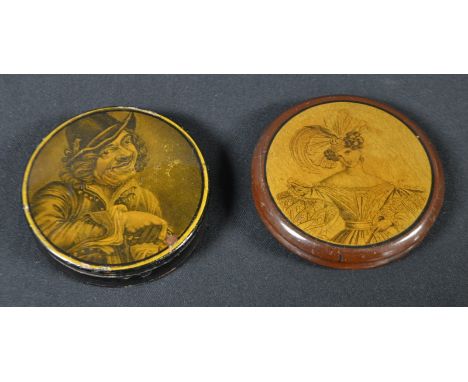 A 19th century circular papier-mâché snuff box, the push on cover applied with a portrait of a lady, 9cm diam; another, simil