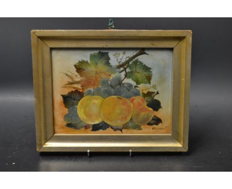 W. Rayworth, an opaque glass panel, painted with peaches, plums and grapes, signed, 16cm x 21cm, framed 