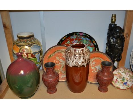 An oriental figure table lamp of a gentleman holding a hedgehog;  Oriental Ceramics - a large Japanese charger decorated with