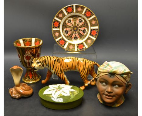 Ceramics - a Beswick tiger; Beswick tobacco jar; Moorcroft trinket dish, Crown Derby plate, Abbeydale, Lomonosov; etc