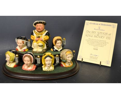 Royal Doulton Henry VIII and his six wives miniature character jugs , hand modelled and painted by William K. Harper, limited
