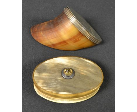 A 19th century hoof snuff box, EP cover and mounts, 8.5cm long; a 19th century Scottish oval horn snuff box, the cover mounte