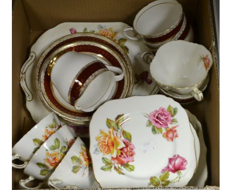 Ceramics - A Hammersley Rose tea service comprising, six cake plates, five sauces, four cups, cake plate; A Royal Stafford pa