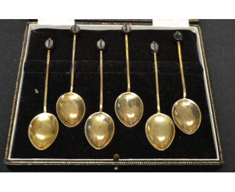 a set of six silver enamel coffee bean spoons, case 