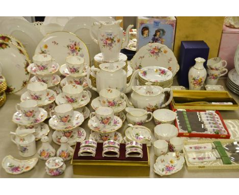 A Royal Crown Derby Posie pattern coffee set for six; tea set for six; baluster vase, boxed; tea strainer; cruet set; cake pl