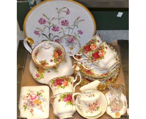 Royal Albert Old Country Roses teaware including teapot; Royal Crown Derby Posie milk jug, sugar bowl, lidded pot, pin dish; 