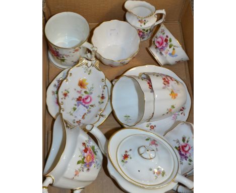 A Royal Crown Derby posie pattern bachelor's tea pot, milk and sugar, two tea cups and saucers, cream and sugar, trinket tray