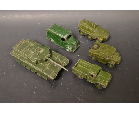 Dinky Toys - Trojan Van, green body, pale green hubs;  Armoured Personnel carrier;  Centurion Tank 651;  Army 1 Ton Cargo Tru